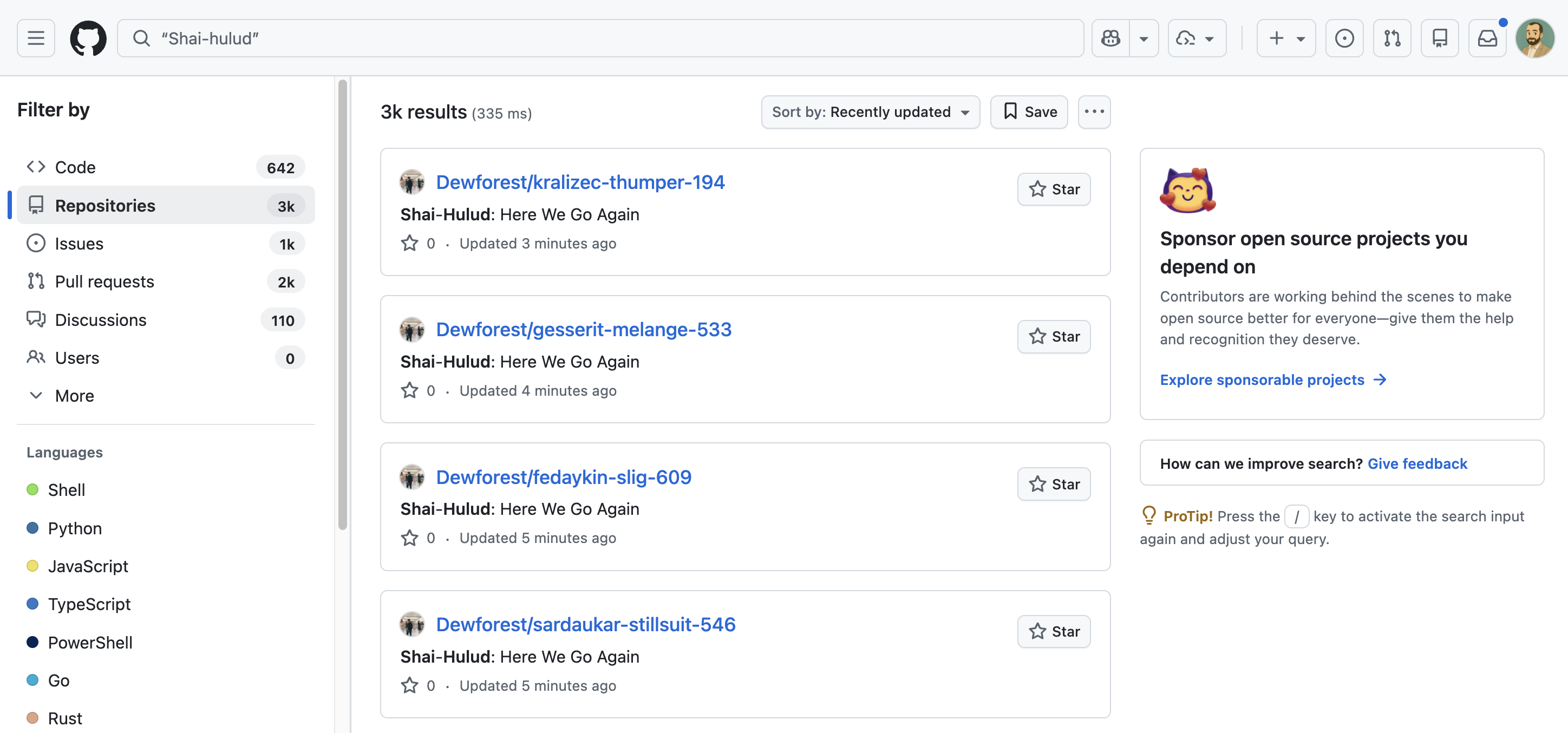A GitHub search for Shai-Hulud returning about 3,000 repositories, showing the scale of the worm's exfiltration infrastructure.