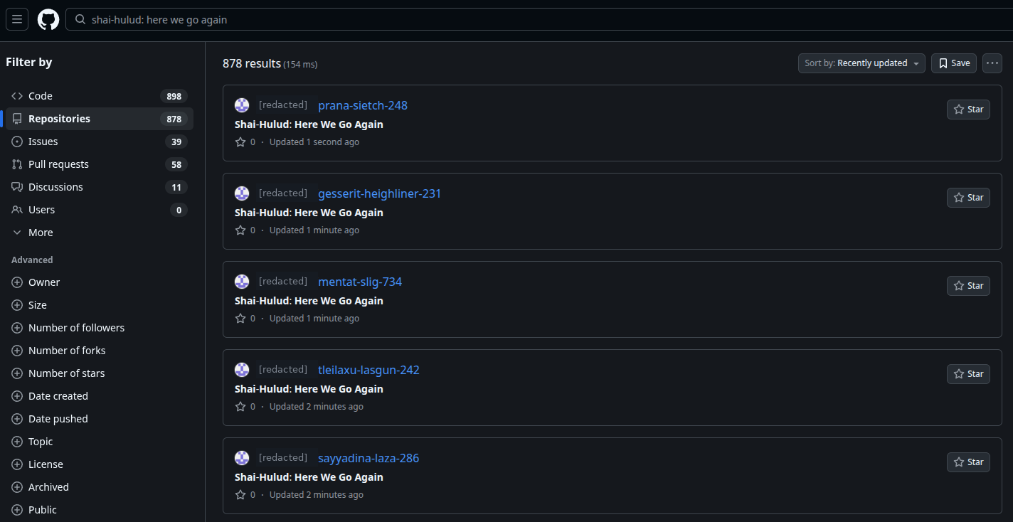 A second GitHub search showing hundreds of Shai-Hulud dead-drop repositories used to exfiltrate stolen credentials.