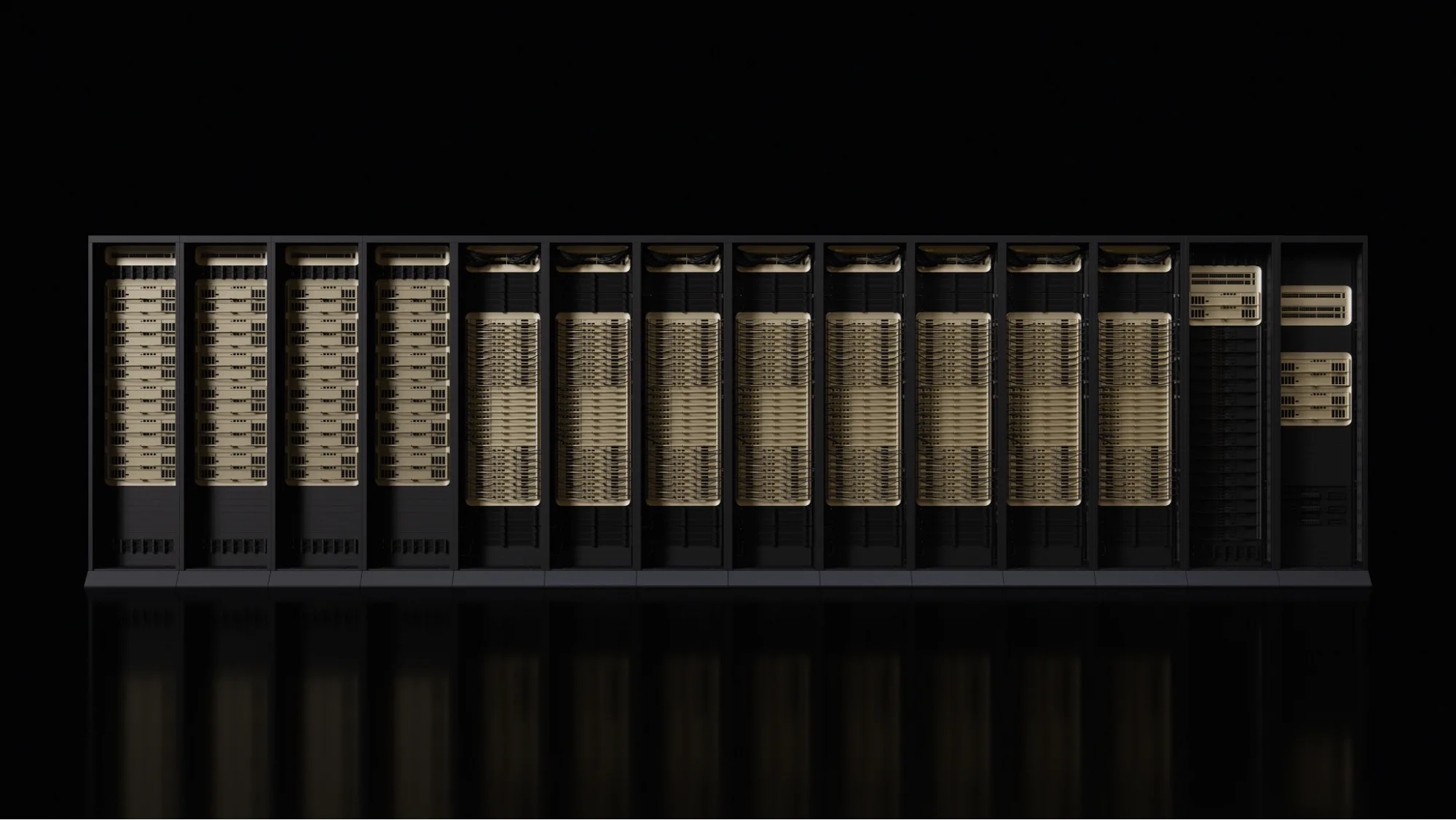 A row of server racks in a dark data center, representing the on-premises infrastructure defenders need to run their own models