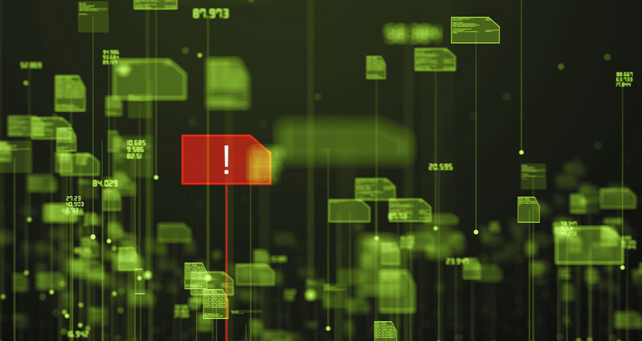 Abstract visualization of a security monitoring system flagging a single anomalous event among thousands of normal ones